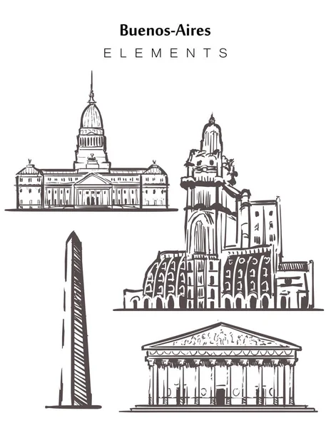 Conjunto de edificios Buenos Aires dibujados a mano, elementos bosquejo vector ilustración . — Vector de stock