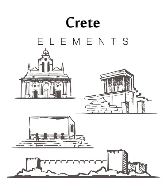 Uppsättning handritade Kreta byggnader, element skiss vektor illustration. — Stock vektor