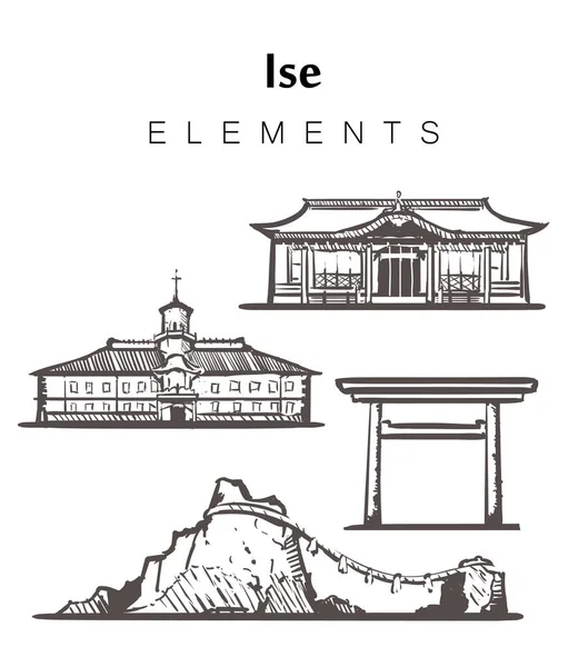 Conjunto de edifícios Ise desenhados à mão, vetor de esboço de elementos —  Vetores de Stock