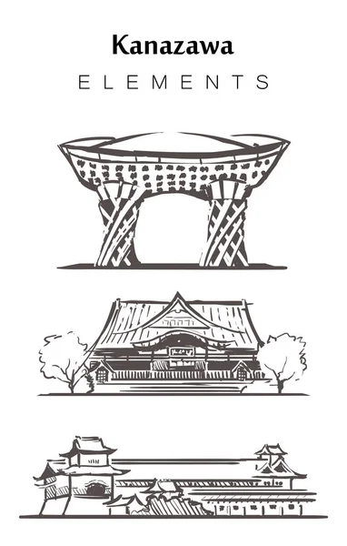 Conjunto de edifícios Kanazawa desenhados à mão, vetor de esboço de elementos —  Vetores de Stock