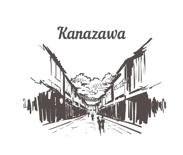 Bosquejo del skyline de Kanazawa Higashichaya Old Town. Kanazawa dibujado a mano — Vector de stock