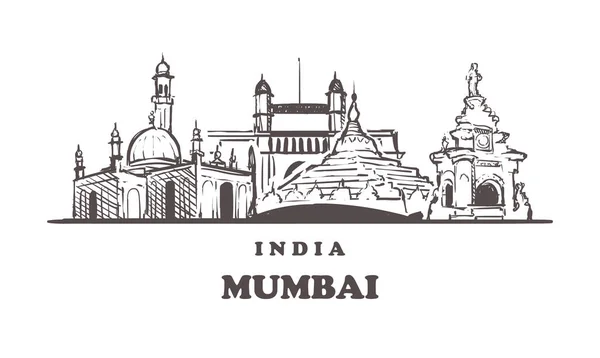 Mumbai silueti çizimi. Hindistan ve Mumbai el yapımı vektör çizimi.
