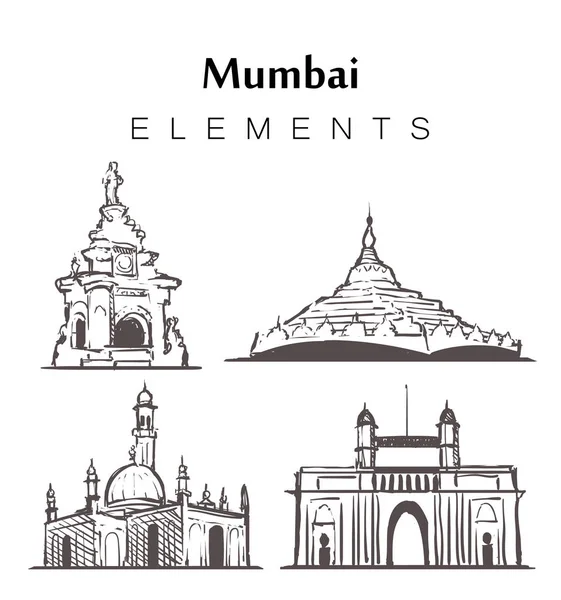 Zestaw ręcznie rysowanych budynków Mumbaju, elementy szkic wektor ilustracja. — Wektor stockowy