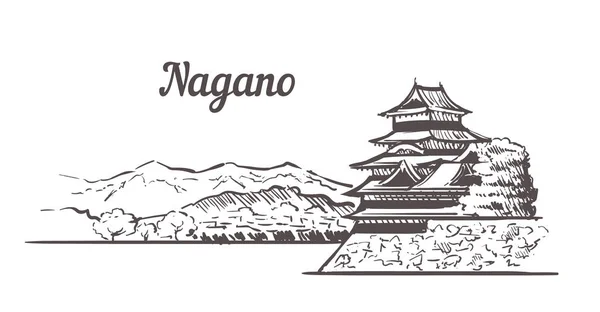 Sketsa langit Nagano. Ilustrasi gambar tangan Nagano terisolasi - Stok Vektor