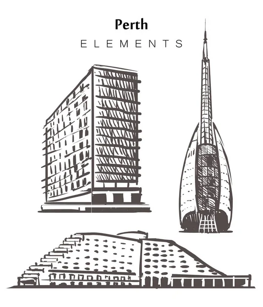 Uppsättning handritade Perth byggnader, element skiss vektor — Stock vektor