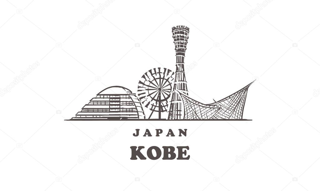 Kobe sketch skyline. Japan, Kobe hand drawn vector illustration.