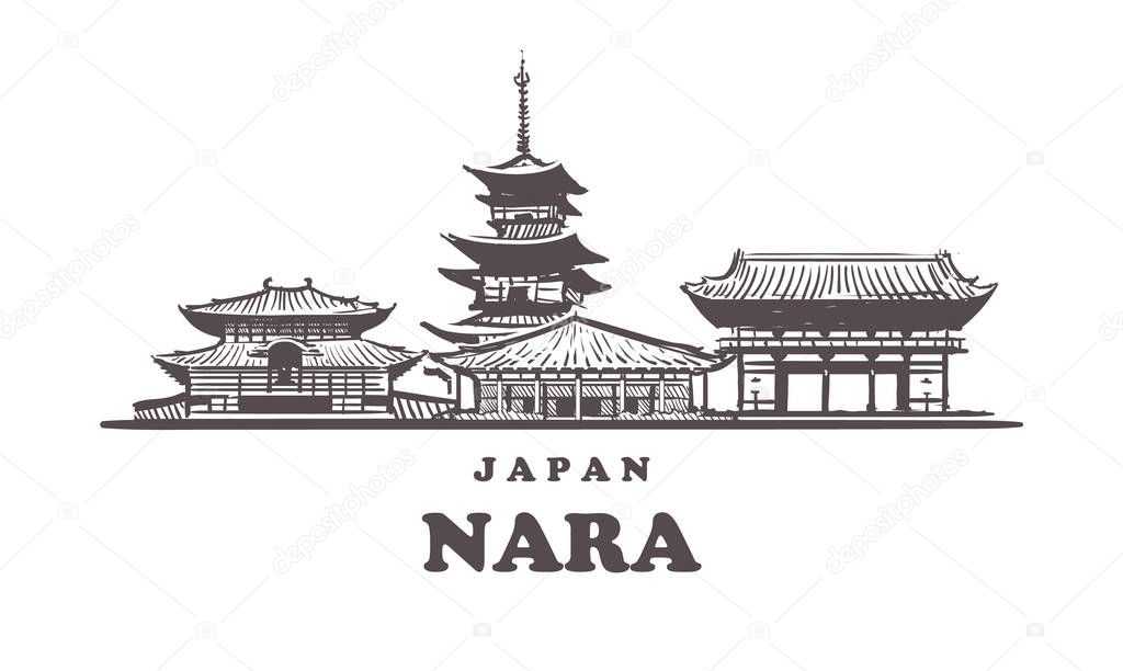 Nara sketch skyline. Nara, Japan hand drawn vector illustration.