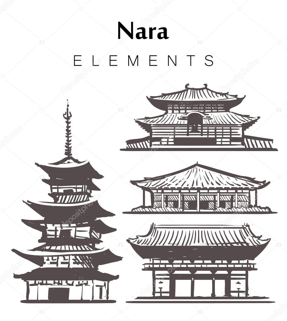 Set of hand-drawn Nara buildings, elements sketch vector illustration.