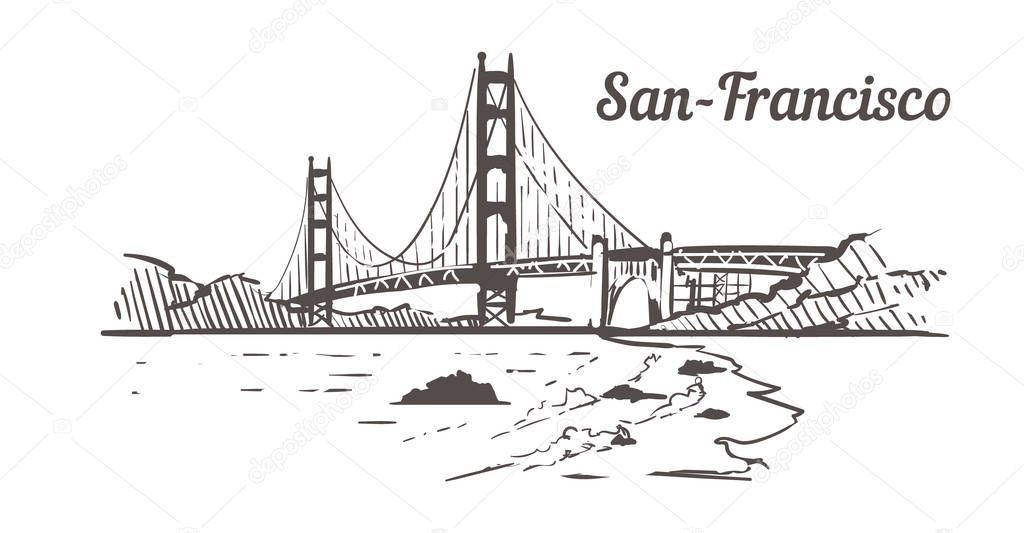 San-Francisco Golden Gate skyline sketch. San Francisco hand