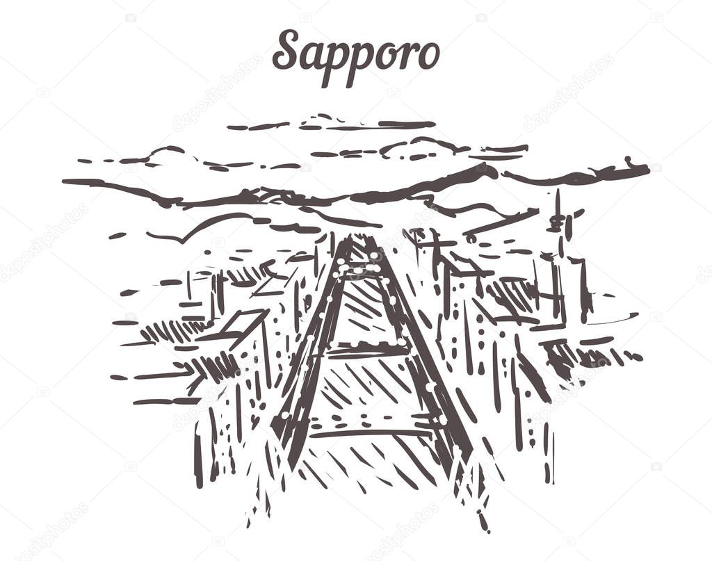 Sapporo skyline sketch. Sapporo hand drawn illustration isolated