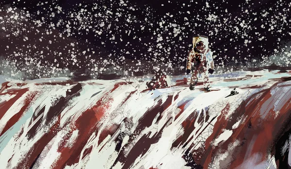 Cosmonaut baant zich een weg door een berggebied door een Blizzard en sneeuw, digitale kunststijl — Stockfoto