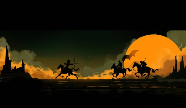 Контрастный образ ковбоев, гоняющихся за индейцем в стиле верховой езды — стоковое фото