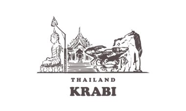 Krabi Skyline 'ı çiziyor. Tayland, Krabi el çizimi vektör çizimi.