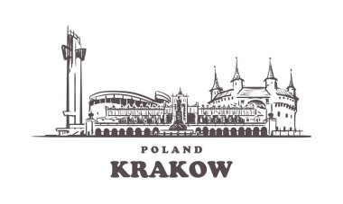 Krakow silueti çiziyor. Polonya ve Krakow el çizimi vektör çizimi