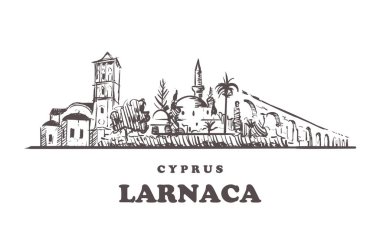 Larnaca Skyline 'ı çiziyor. Kıbrıs Rum Kesimi ve Larnaka el çizimi vektör illüstrasyonu