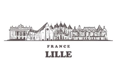 Lille Skyline 'ı çiziyor. Fransa ve Lille el çizimi vektör illüstrasyonu.