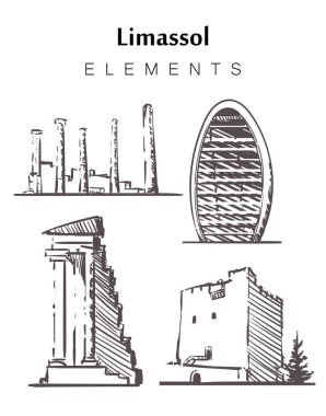 El çizimi Limasol binaları elemanları çizim vektör illüstrasyonu.