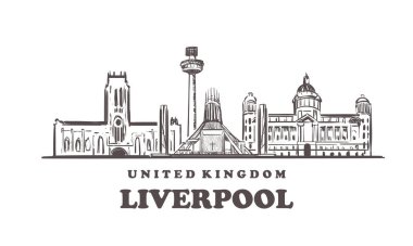 Liverpool skeci Skyline. Birleşik Krallık ve Liverpool el çizimi vektör illüstrasyonu.