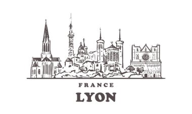 Lyon Skyline skeci. Fransa ve Lyon el çizimi vektör çizimi.