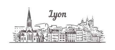 Lyon Skyline skeci. Lyon, Fransa 'nın çizdiği resim izole edilmiş.