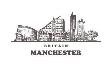 Manchester silueti çizimi. İngiltere ve Manchester el çizimi vektör çizimi.