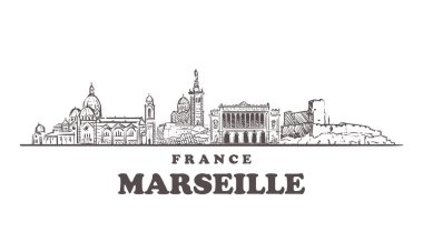 Marsilya silueti çizimi. Fransa ve Marsilya el çizimi vektör çizimi.