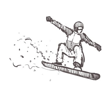 Snowboard, spor ve aktif yaşam tarzı çizimi. Snowboardcu eli beyaz arkaplanda izole olarak çizildi.