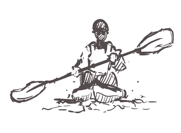 Bosquejo de Kayak, deporte y estilo de vida activo. Kayaker mano dibujada aislada sobre fondo blanco . — Vector de stock