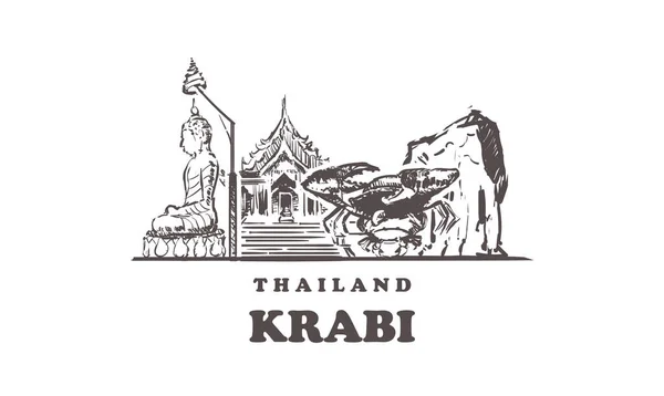 O skyline do skyline do Krabi. Tailândia, ilustração vetorial desenhada à mão Krabi . — Vetor de Stock