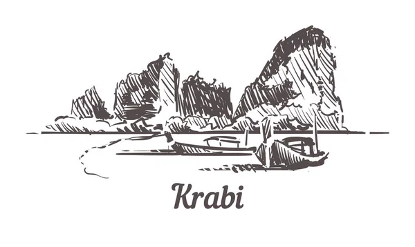 Krabi skyline sketch. Krabi, Thailand hand drawn illustration . — 스톡 벡터