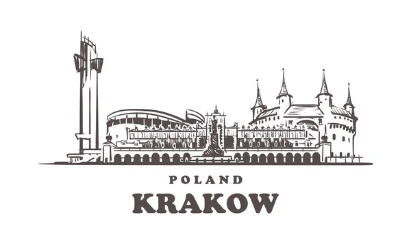 Krakow sketch skyline. Poland, Krakow hand drawn vector illustration — 스톡 벡터