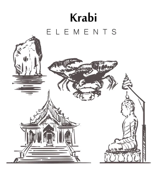 Zestaw ręcznie rysowanych elementów budynków Krabi szkic wektor ilustracja. — Wektor stockowy
