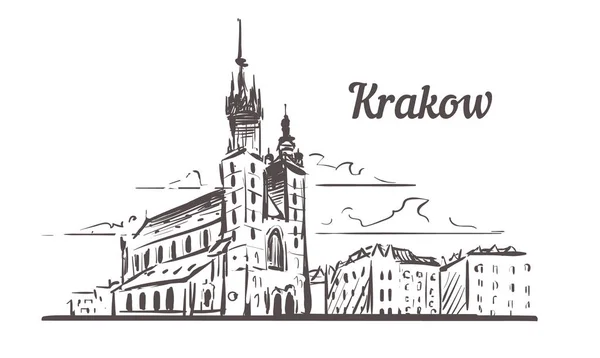 Schizzo skyline di Cracovia. Cracovia, Polonia disegno a mano — Vettoriale Stock