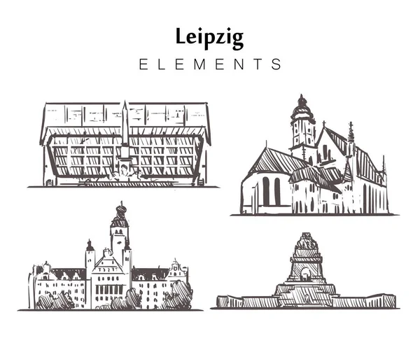 Conjunto de elementos dibujados a mano Leipzig edificios dibujo vector ilustración — Vector de stock