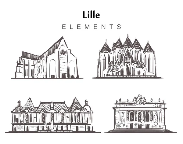 Set van met de hand getekende Rijsel gebouwen elementen schets vector illustratie. — Stockvector