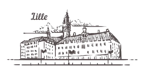 Schizzo dello skyline di Lille. Lille, Francia illustrazione disegnata a mano isolato — Vettoriale Stock