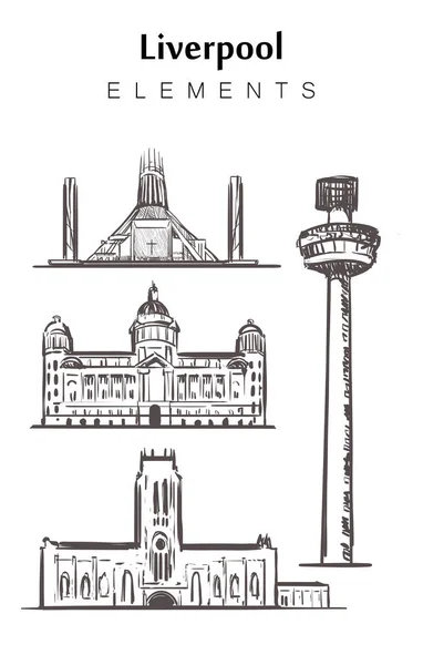 Conjunto de elementos dibujados a mano Liverpool edificios boceto vector ilustración . — Vector de stock