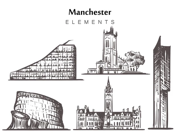 Uppsättning handritade Manchester byggnader element skiss vektor illustration. — Stock vektor