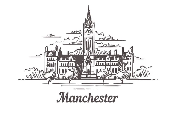 Manchester skyline schets. Engeland, Manchester met de hand getekend illustratie — Stockvector