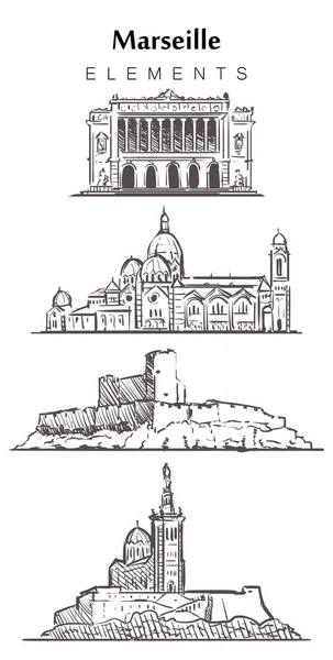 Σύνολο ζωγραφισμένων στο χέρι απεικονίσεων διανυσματικών στοιχείων κτιρίων της Μασσαλίας. — Διανυσματικό Αρχείο