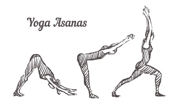 Asanas de ioga desenhadas à mão. Esboço de poses de ioga, ilustração vetorial isolada — Vetor de Stock