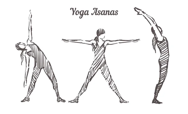 Asanas de ioga desenhadas à mão. Esboço de poses de ioga, ilustração vetorial — Vetor de Stock