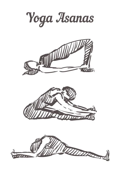 Tangan digambar asanas yoga. Sketsa pose yoga, ilustrasi vektor terisolasi - Stok Vektor