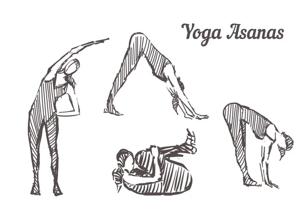 Asanas de ioga desenhadas à mão. Esboço de poses de ioga, ilustração vetorial isolada — Vetor de Stock