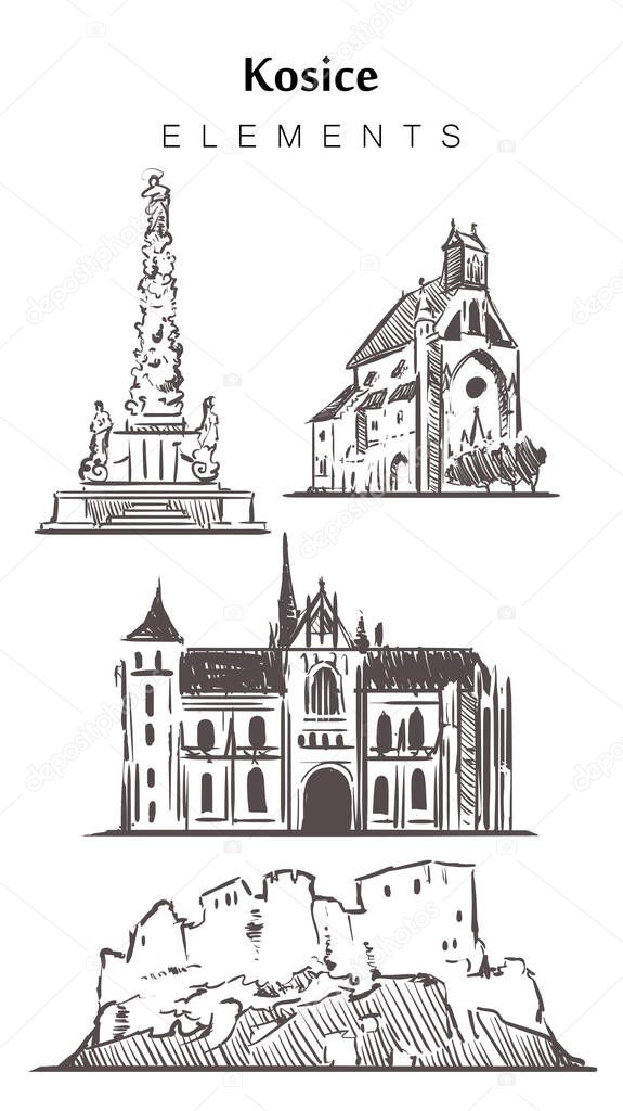 Set of hand-drawn Kosice buildings elements sketch vector illustration.