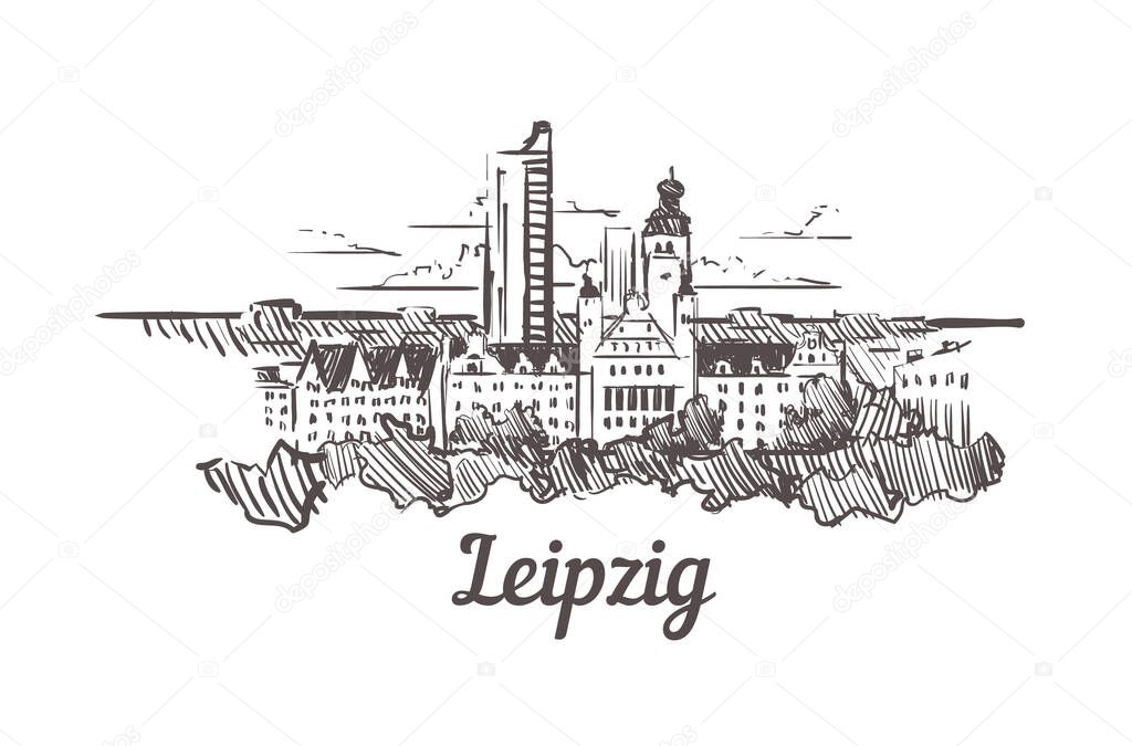 Leipzig skyline sketch. Leipzig, Germany hand drawn illustration