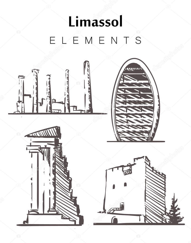 Set of hand-drawn Limassol buildings elements sketch vector illustration.