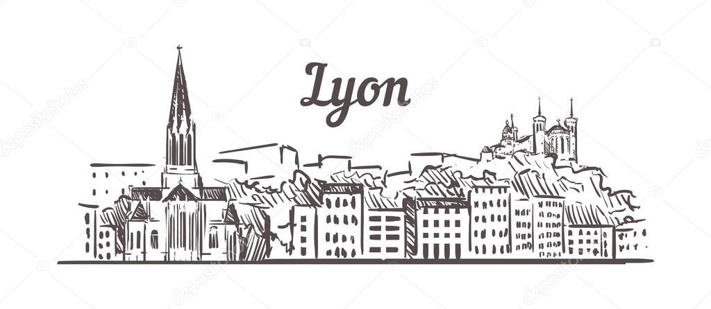 Lyon skyline sketch. Lyon, France hand drawn illustration isolated