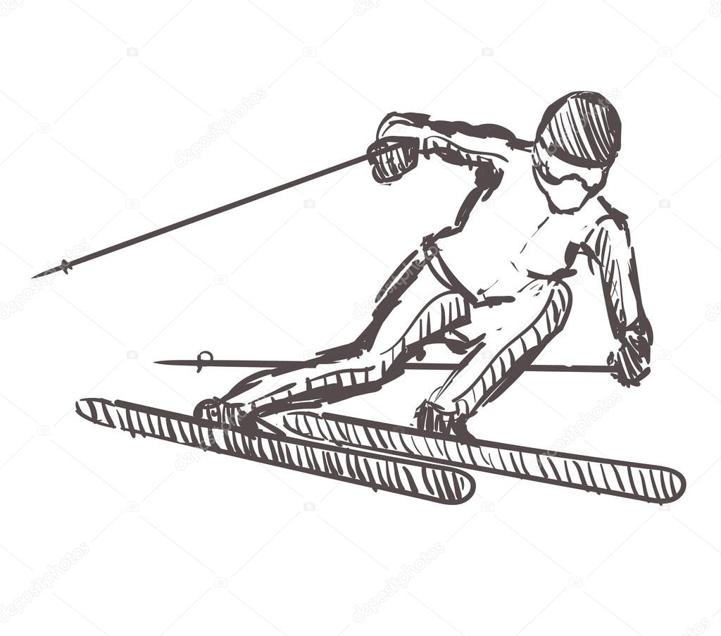 Sketch of skier, sport and active lifestyle. Skier hand drawn isolated on white background.