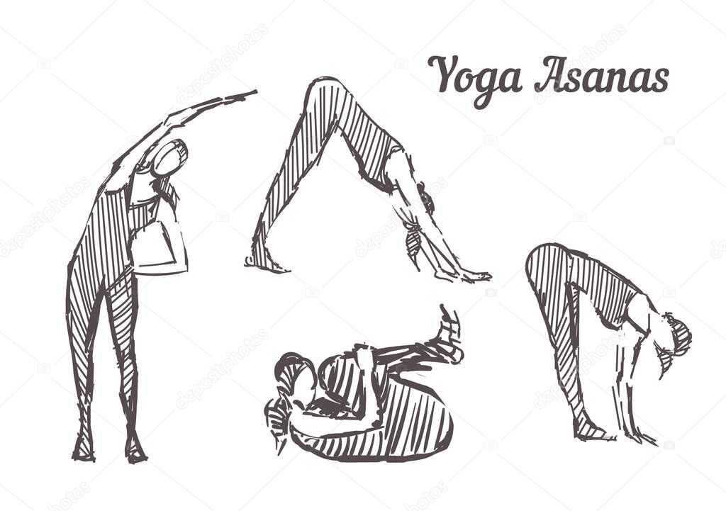 Hand drawn yoga asanas. Sketch of yoga poses, vector illustration isolated